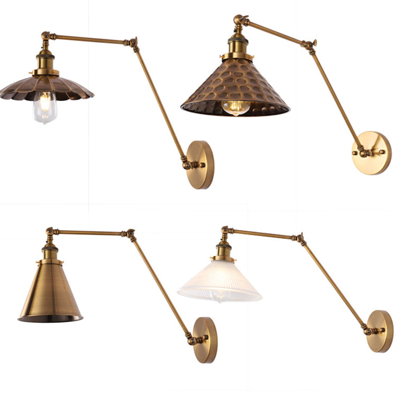 Vintage Industrial Cone Sconce Light Fixture Metal 1-Light Wall Sconce Lights in Brass and White