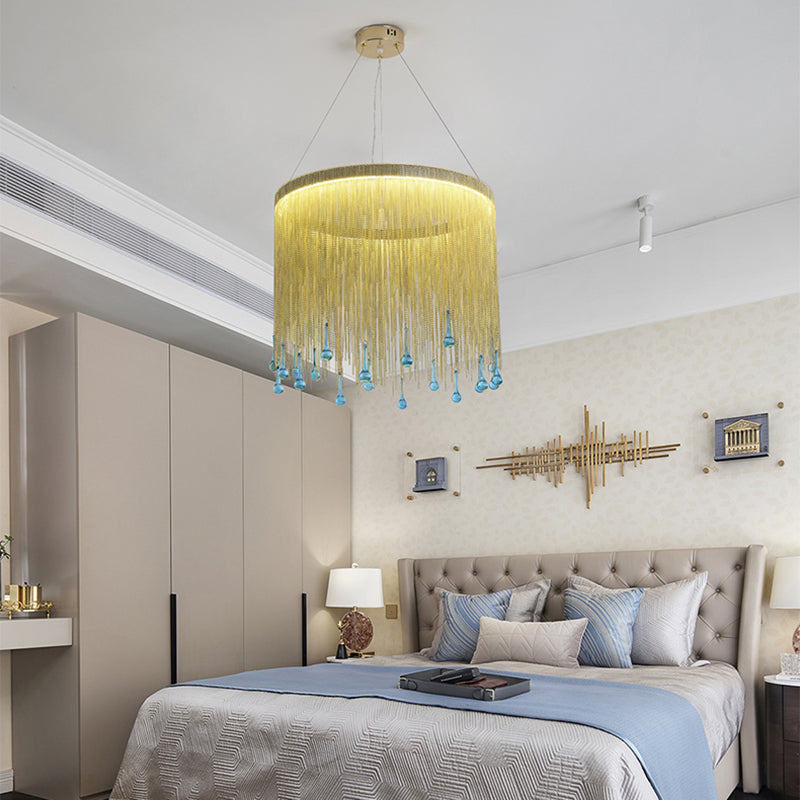 LED Metal Chandelier Light Fixture Countryside Silver/Gold Chain Fringe Living Room Ceiling Hang Fixture,16"/19.5"/23.5" Wide