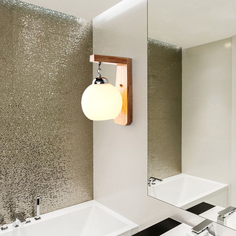 White Glass Wall Lamp in Modern Minimalist Style Wooden Globe Wall Light for Interior Spaces