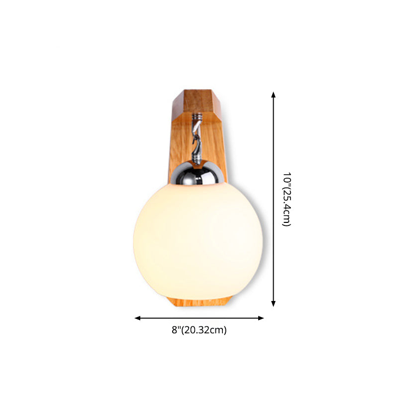 White Glass Wall Lamp in Modern Minimalist Style Wooden Globe Wall Light for Interior Spaces
