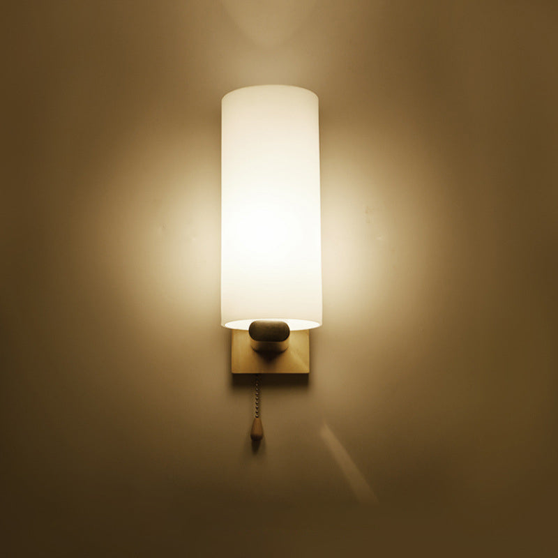White Glass Wall Light in Modern Concise Style Wooden Cylindroid Wall Sconce for Bedroom