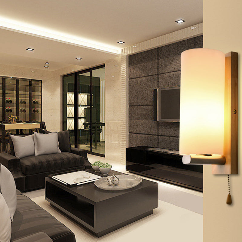 White Glass Wall Light in Modern Concise Style Wooden Cylindroid Wall Sconce for Bedroom