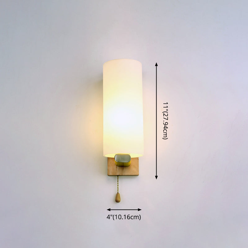 White Glass Wall Light in Modern Concise Style Wooden Cylindroid Wall Sconce for Bedroom