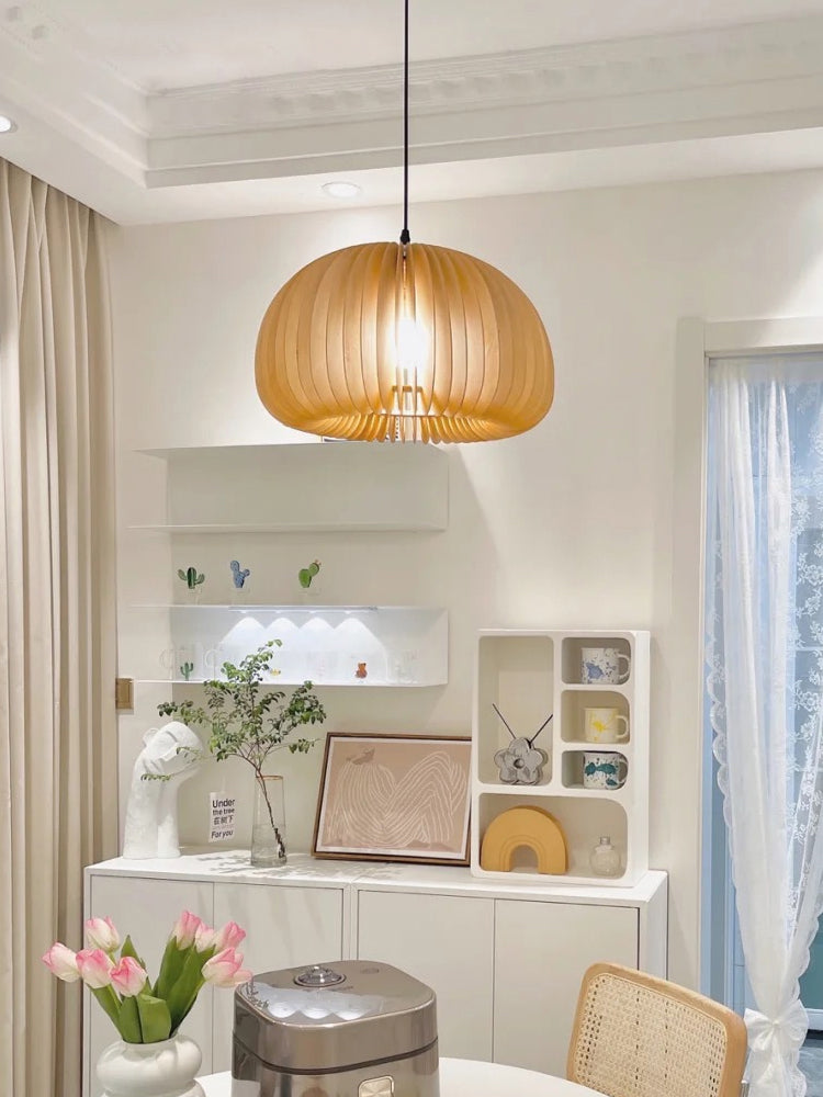 Simplicity Pumpkin Hanging Light Kit Wood 1-Light Ceiling Light for Dining Room