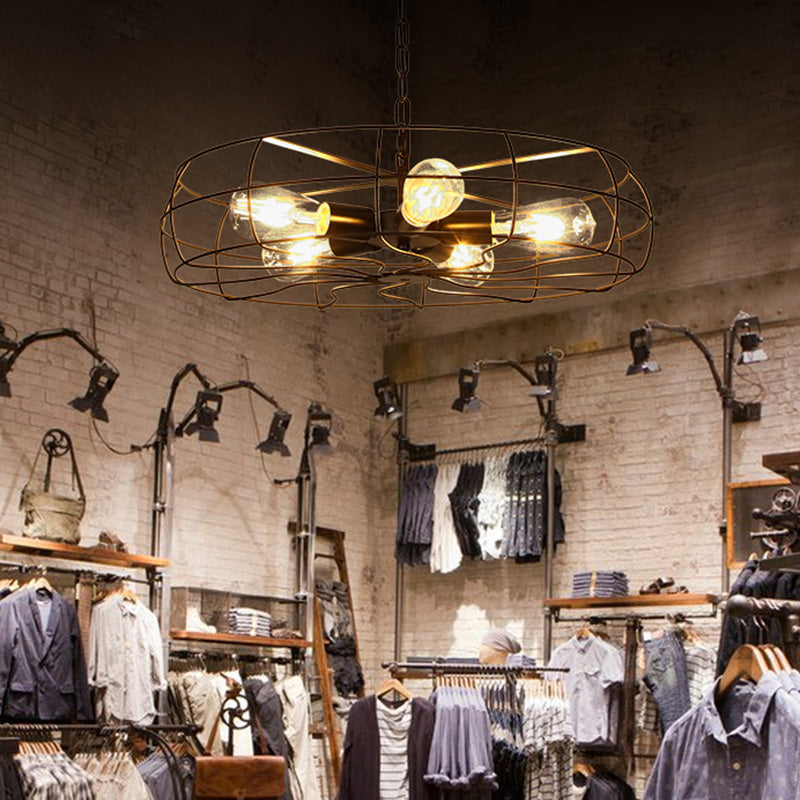 Caged Metal Chandelier Light Fixture Industrial Restaurant Pendant Chandelier in Black