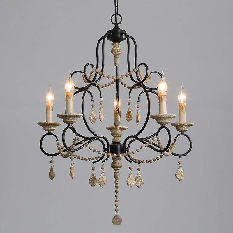 5 Bulbs Candle Hanging Lamp Countryside Distressed White Iron Chandelier Lighting with Wood Beads