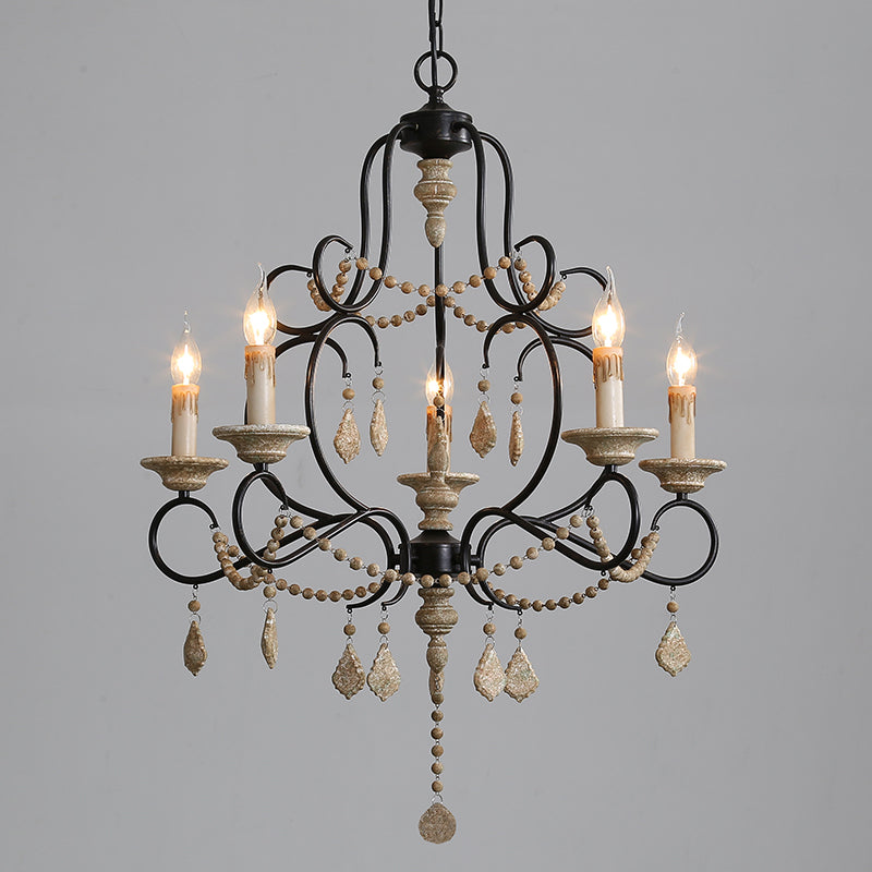 5 Bulbs Candle Hanging Lamp Countryside Distressed White Iron Chandelier Lighting with Wood Beads