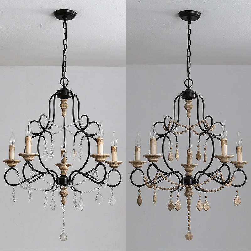 5 Bulbs Candle Hanging Lamp Countryside Distressed White Iron Chandelier Lighting with Wood Beads