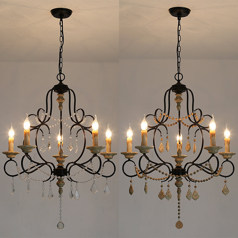 5 Bulbs Candle Hanging Lamp Countryside Distressed White Iron Chandelier Lighting with Wood Beads