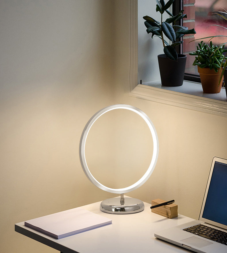 Chrome Ring Shaped Night Stand Lamp Simple Style Metal LED Table Light