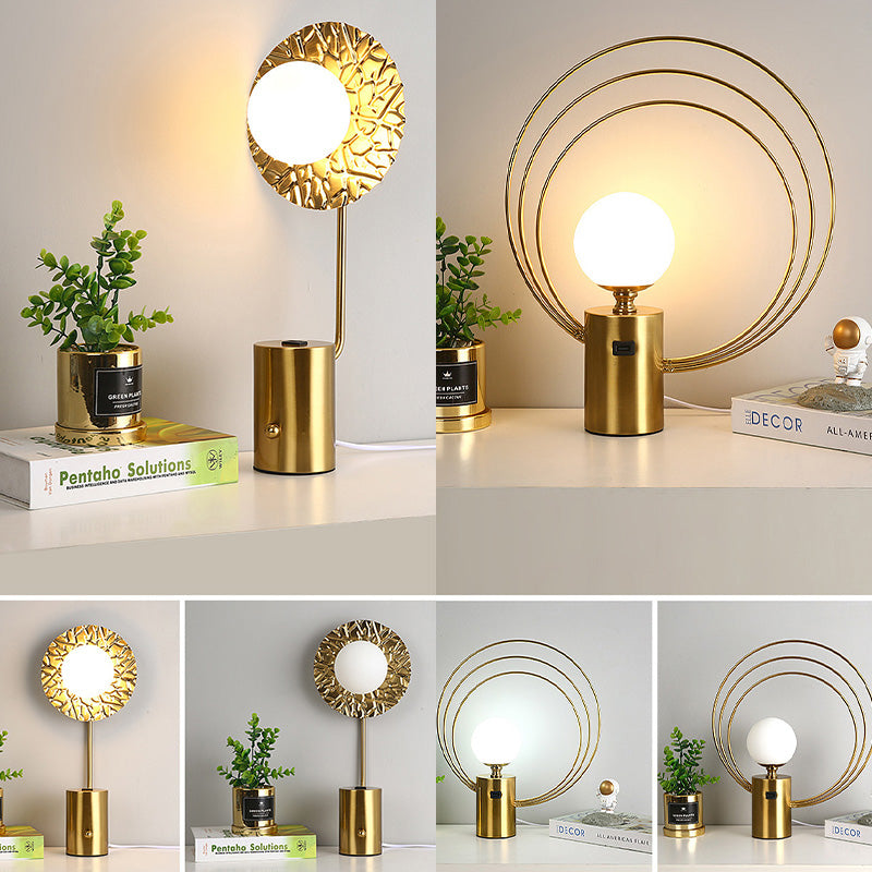 Gold Finish Ball Shade Table Lamp Modern 1-Light White Glass Nightstand Light