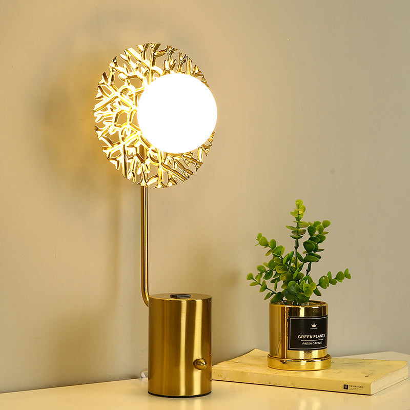 Gold Finish Ball Shade Table Lamp Modern 1-Light White Glass Nightstand Light
