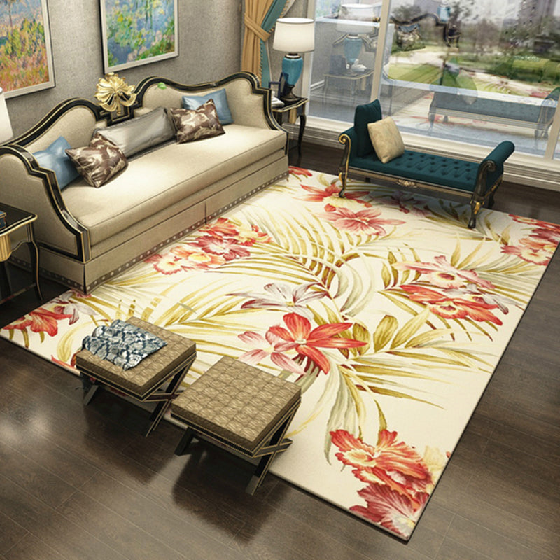 Yellow Tone Modern Indoor Rug Polyester Plants Print Carpet Non-Slip Backing Rug for Home Decoration