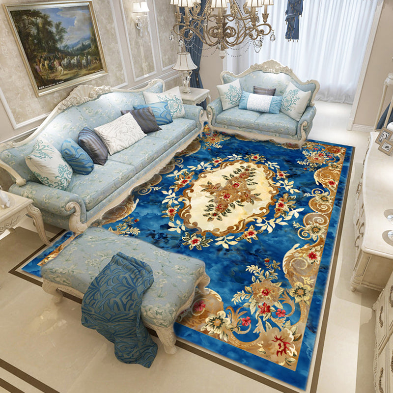 Classical European Style Rug Flower Print Polyester Carpet Anti-Slip Backing Rug for Home Decor
