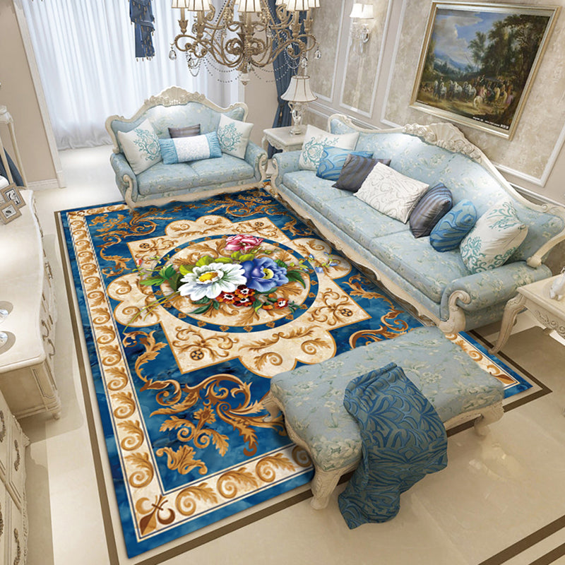Classical European Style Rug Flower Print Polyester Carpet Anti-Slip Backing Rug for Home Decor