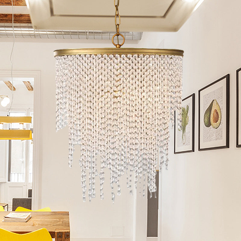 5/6 Lights Waterfall Chandelier Light Rural Brass Crystal Suspension Pendant for Bedroom