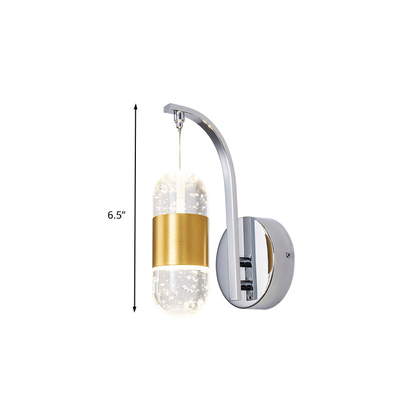 LED Metal Wall Sconce Traditionalist Gold Swooping Arm Bedroom Wall Mounted Light with Bubble Crystal Shade