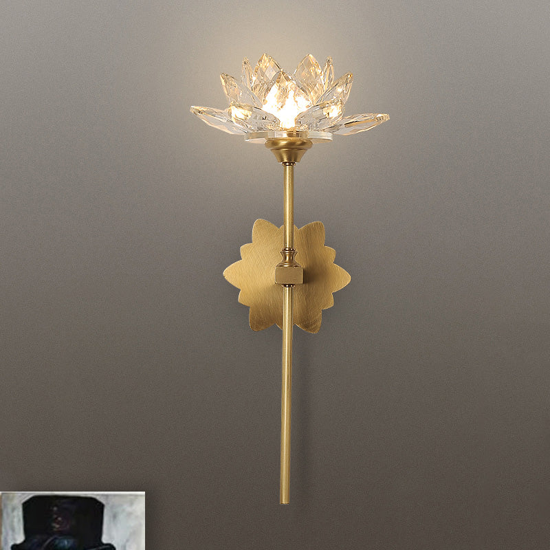 1 Light Lotus Wall Sconce Lighting Traditional Gold Clear Crystal LED Wall Light Fixture for Bedroom, 16"/23.5" H