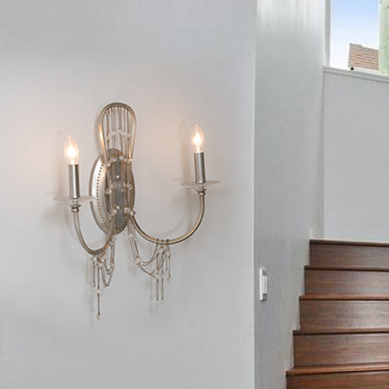 Nickle 2 Lights Wall Lighting Retro Metal Candelabra Wall Mount Light with Clear Crystal Accent