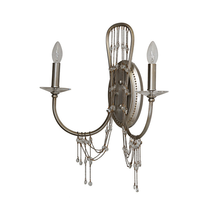 Nickle 2 Lights Wall Lighting Retro Metal Candelabra Wall Mount Light with Clear Crystal Accent