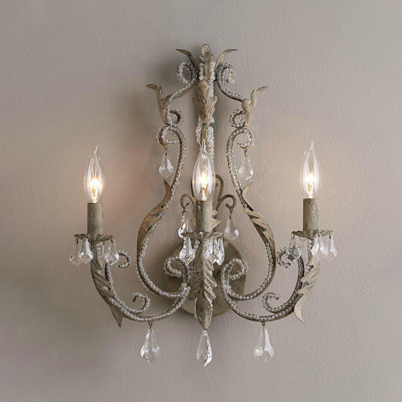 Traditionalism Candlestick Wall Mount Lamp 3 Heads Draped Crystal Wall Sconce Lighting in Grey/Ivory