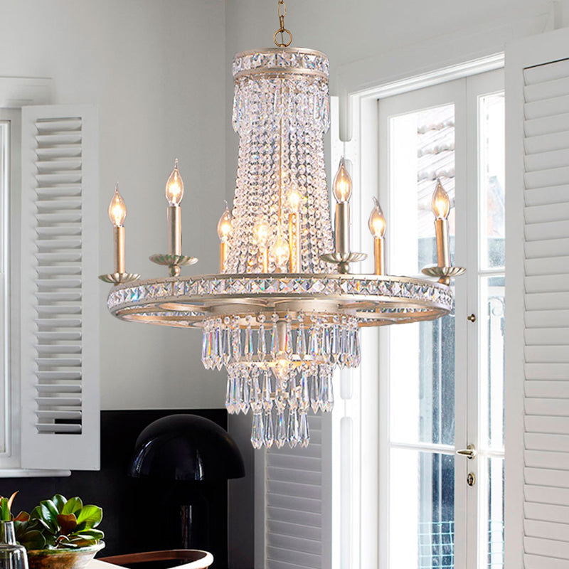 Silver 8/10 Lights Chandelier Countryside Crystal Tiered Ceiling Suspension Lamp for Living Room