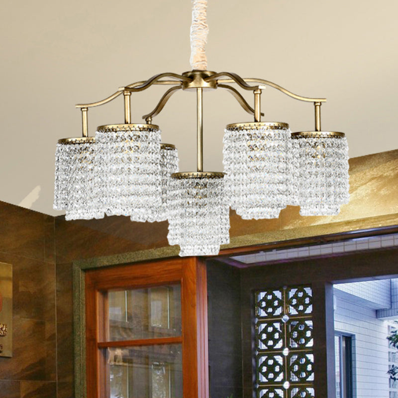 Crystal Cylinder Chandelier Light Fixture Rural 7 Heads Dining Room Ceiling Pendant in Brass