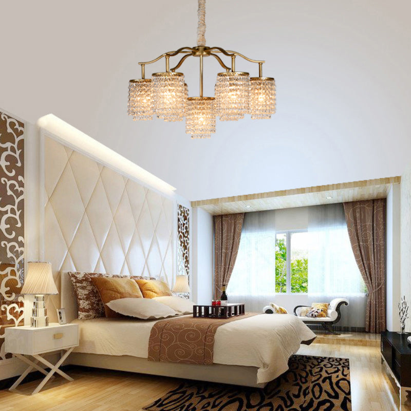 Crystal Cylinder Chandelier Light Fixture Rural 7 Heads Dining Room Ceiling Pendant in Brass