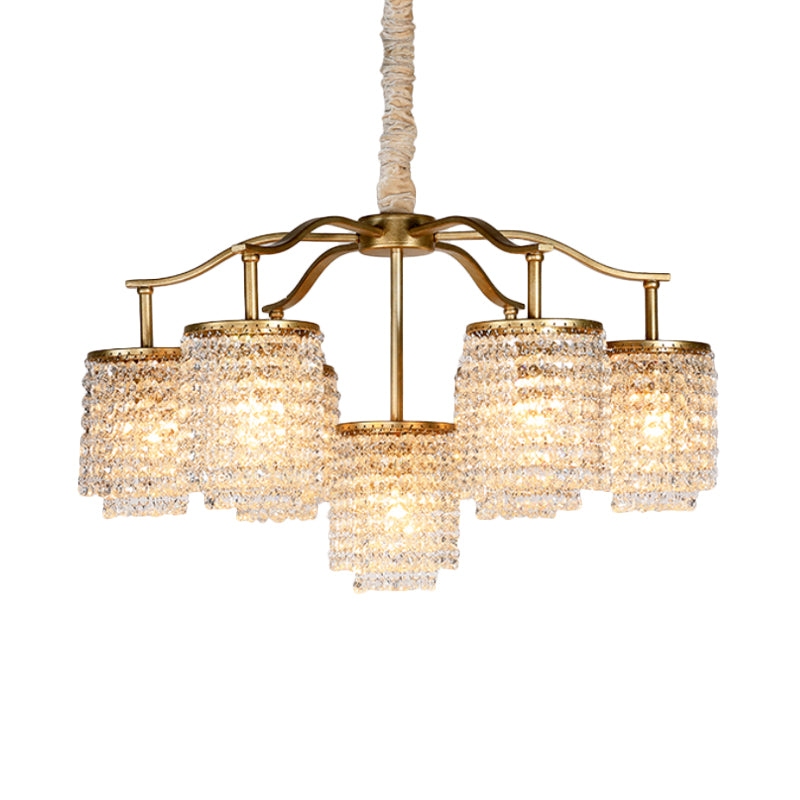 Crystal Cylinder Chandelier Light Fixture Rural 7 Heads Dining Room Ceiling Pendant in Brass