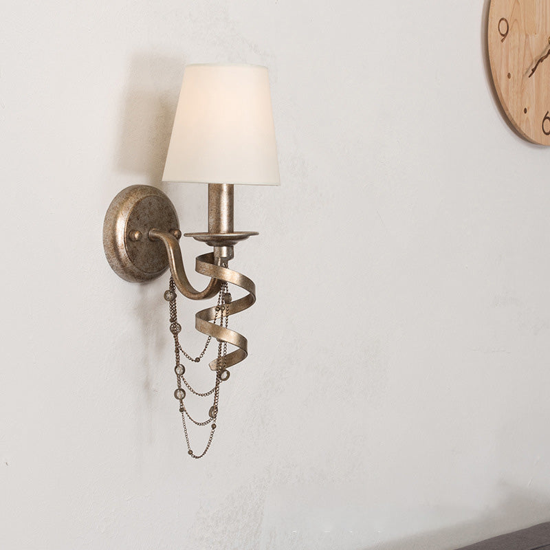 Tapered Bedroom Wall Mount Light Traditional Fabric 1 Head Wall Lighting Fixture with Crystal Draping in Nickle