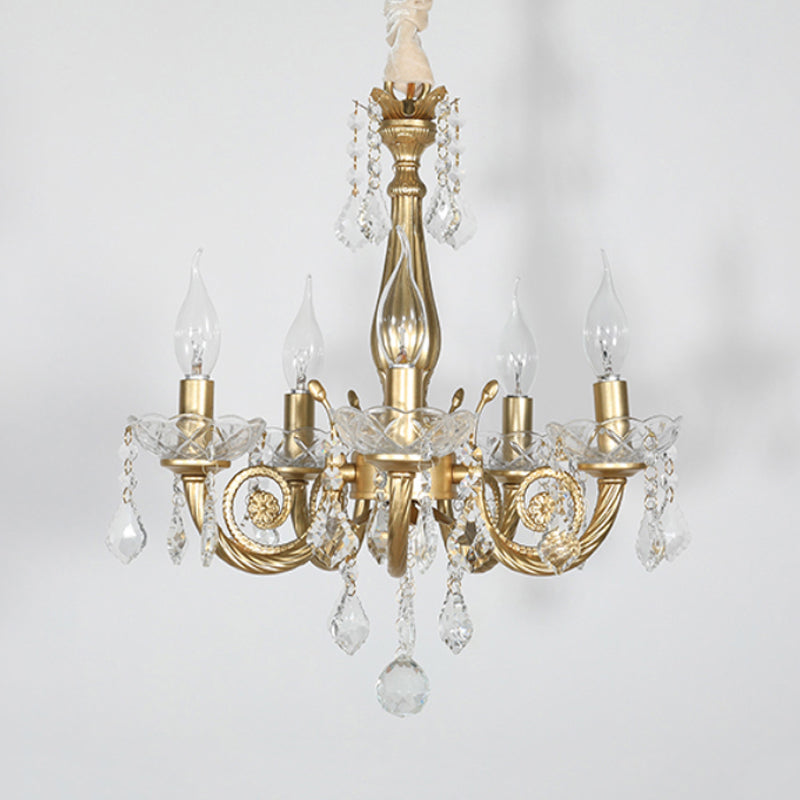 Crystal Gold Chandelier Lighting Scrolled Arm 5/6 Lights Lodge Pendant Light Fixture for Bedroom