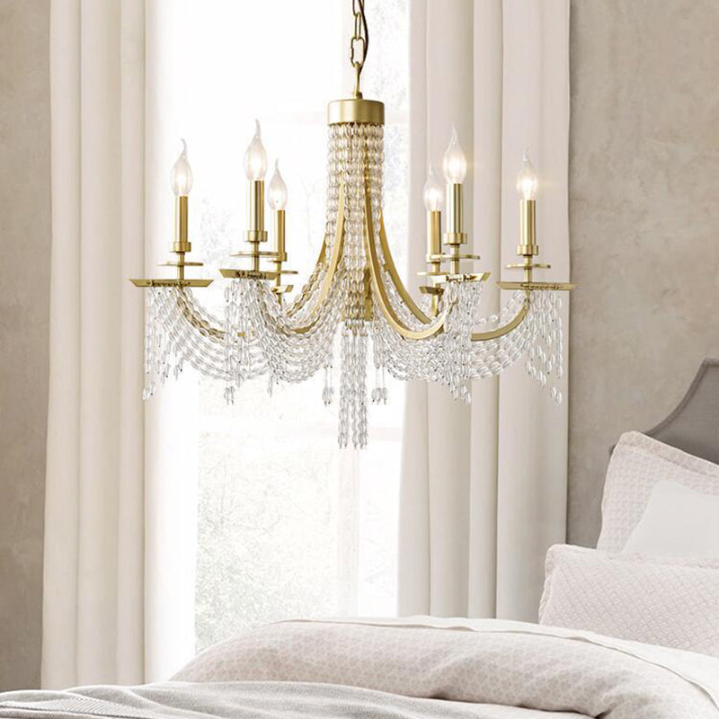 Traditional Candelabra Chandelier Lamp 6/8 Lights Crystal Drop Pendant in Gold for Bedroom