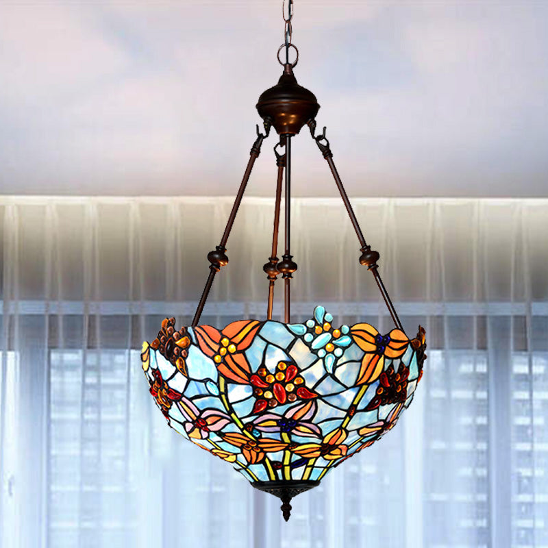 2 lichten bloesem kroonluchter lamp Tiffany -stijl rode/blauwe gebrandschilderd glasverhangverlichting voor slaapkamer
