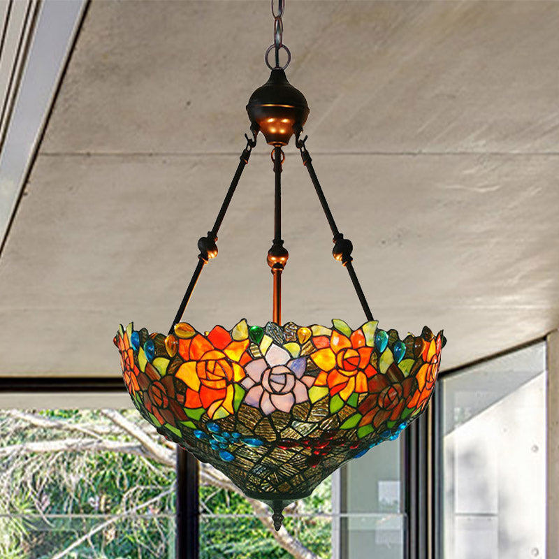 3 Lights Chandelier Pendant Light Mediterranean Flower Stained Art Glass Hanging Lamp in Red/Orange/Green