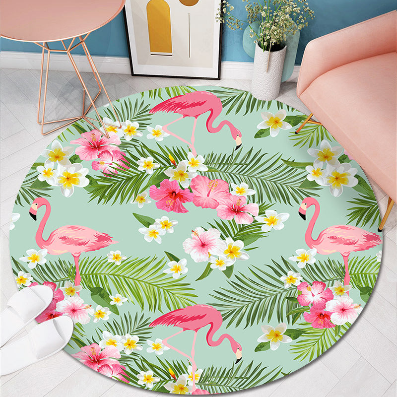 Modern Flamingo Printed Rug Round Polyester Area Carpet Non-Slip Backing Indoor Rug for Living Room