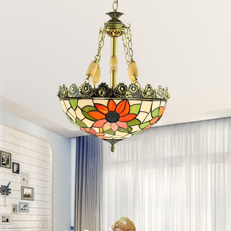 Tiffany Sunflower / Rose Chandelier 3/4 Lumières Kit d'éclairage en verre d'art taché en rouge / vert pour chambre à coucher