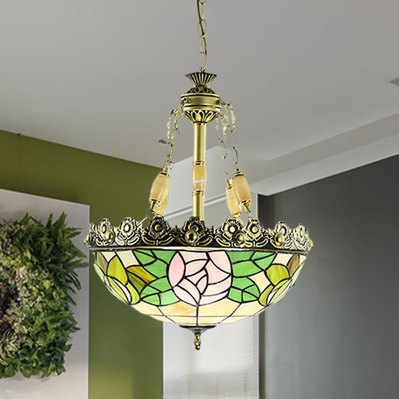 Tiffany Sunflower / Rose Chandelier 3/4 Lumières Kit d'éclairage en verre d'art taché en rouge / vert pour chambre à coucher