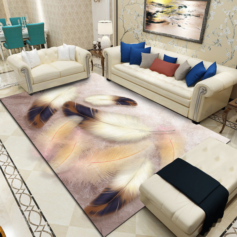 Solid Color Simple Indoor Rug Polyester Feather Print Carpet Non-Slip Backing Rug for Home Decor