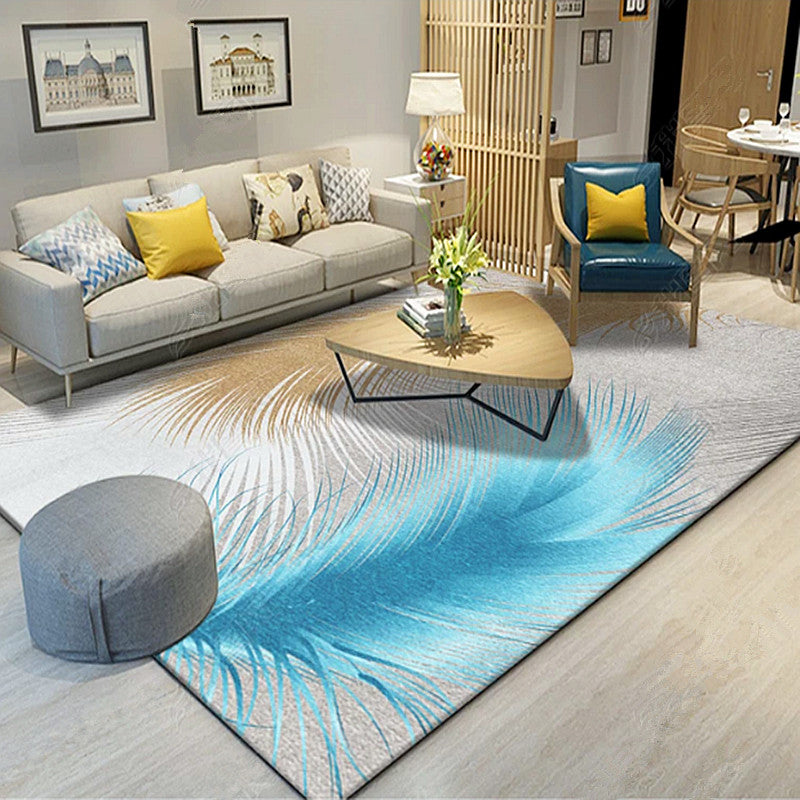 Solid Color Simple Indoor Rug Polyester Feather Print Carpet Non-Slip Backing Rug for Home Decor