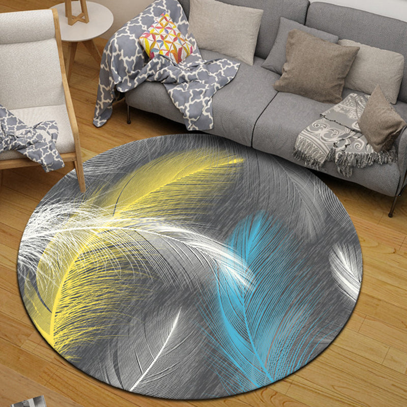 Round Solid Color Simple Indoor Rug Polyester Plant Print Carpet Non-Slip Backing Rug for Home Decor