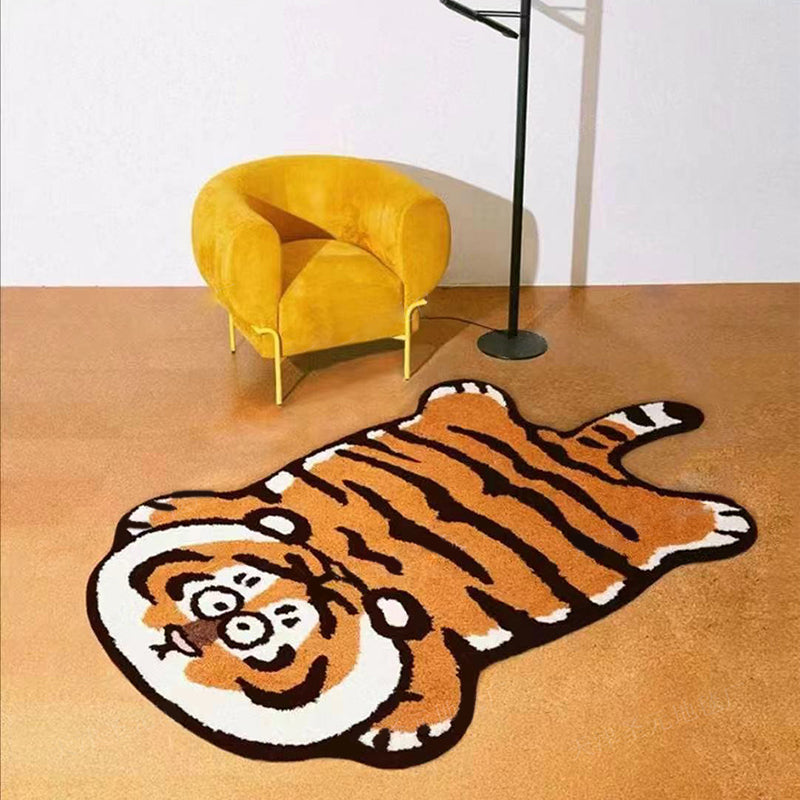 Orange Tiger Pattern Area Rug Polyester Area Carpet Non-Slip Backing Rug for Living Room