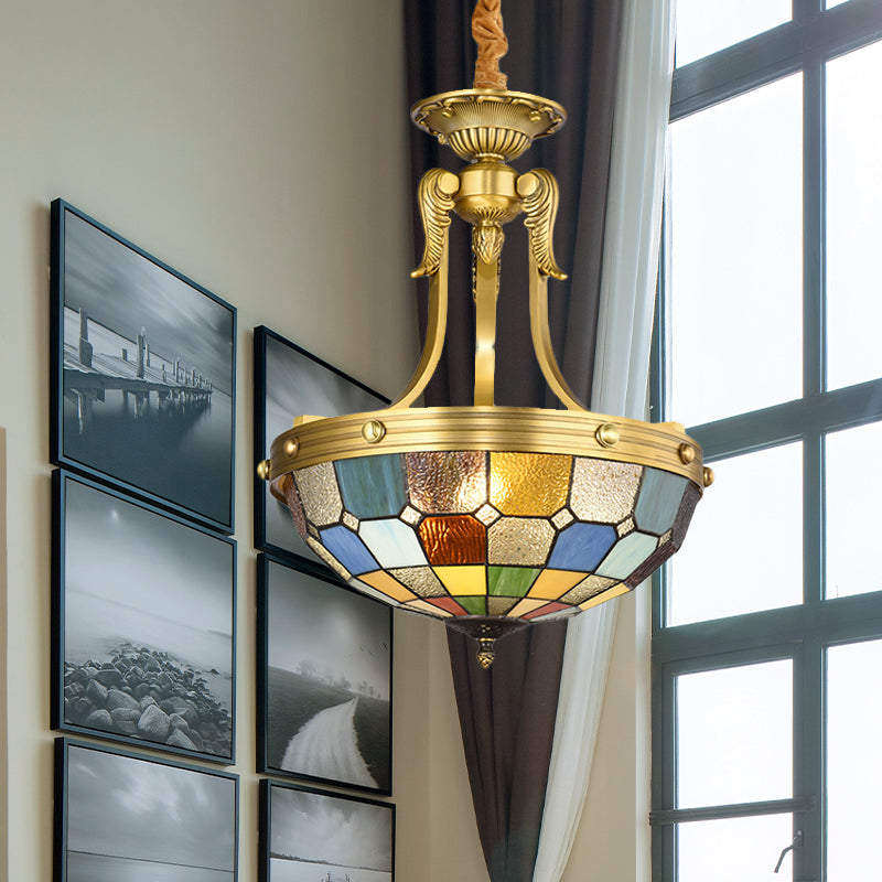 3 Lights Tiffany Chandelier Lighting Bowl Shade Cut Glass Suspension Pendant Light in Blue/Textured Silver for Kitchen