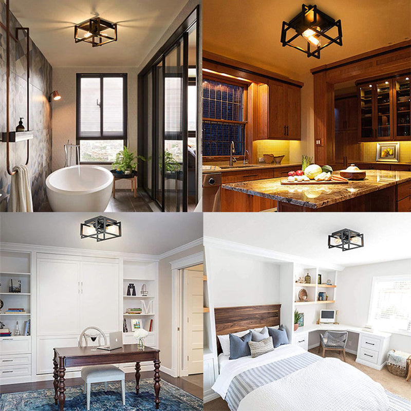 Industrial Style Open Bulb Design Ceiling Light Black Wrought Iron Flush Mount Lamp for Bedroom