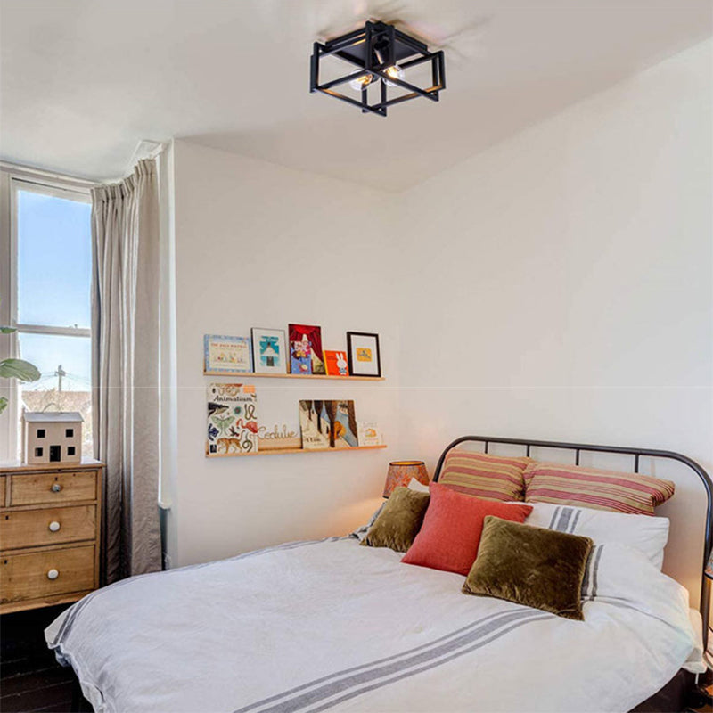 Industrial Style Open Bulb Design Ceiling Light Black Wrought Iron Flush Mount Lamp for Bedroom