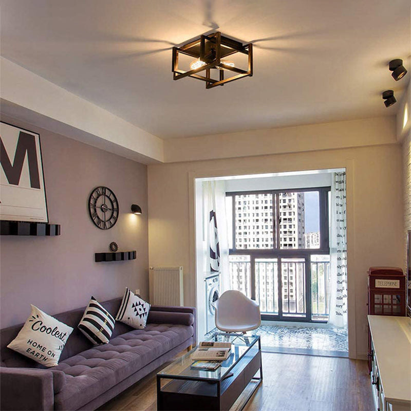 Industrial Style Open Bulb Design Ceiling Light Black Wrought Iron Flush Mount Lamp for Bedroom
