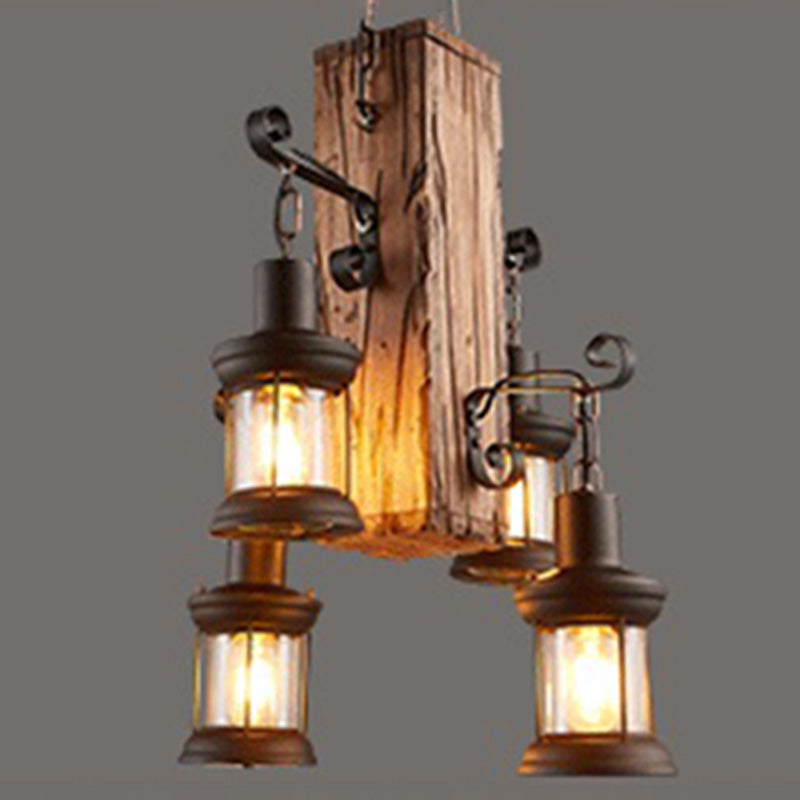 Wood Shaded Pendant Light Fixture Retro Restaurant Chandelier Light Fixture in Distressed Wood