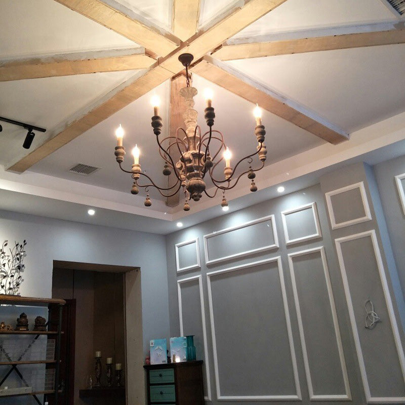Grey Candle Pendant Lighting Antique Style Wooden Dining Room Chandelier
