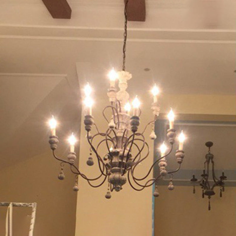 Grey Candle Pendant Lighting Antique Style Wooden Dining Room Chandelier