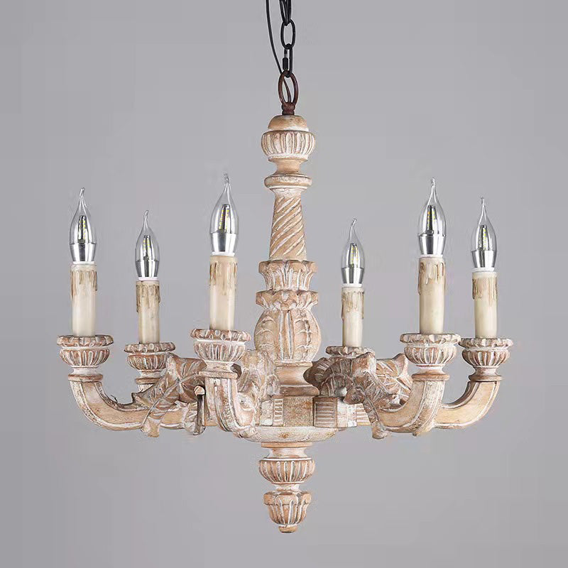 6-Light Faux Candle Chandelier Light Fixture Traditional Distressed White Wooden Suspension Lamp