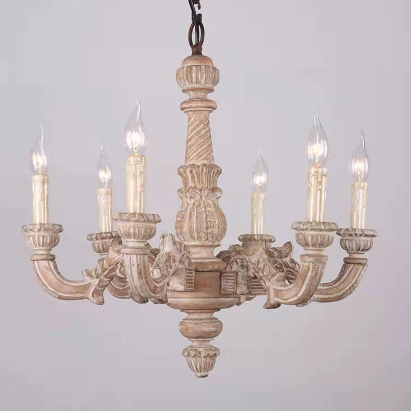 6-Light Faux Candle Chandelier Light Fixture Traditional Distressed White Wooden Suspension Lamp